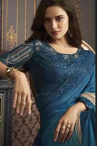 Blue embroidered silk shaded saree with banglori silk blouse