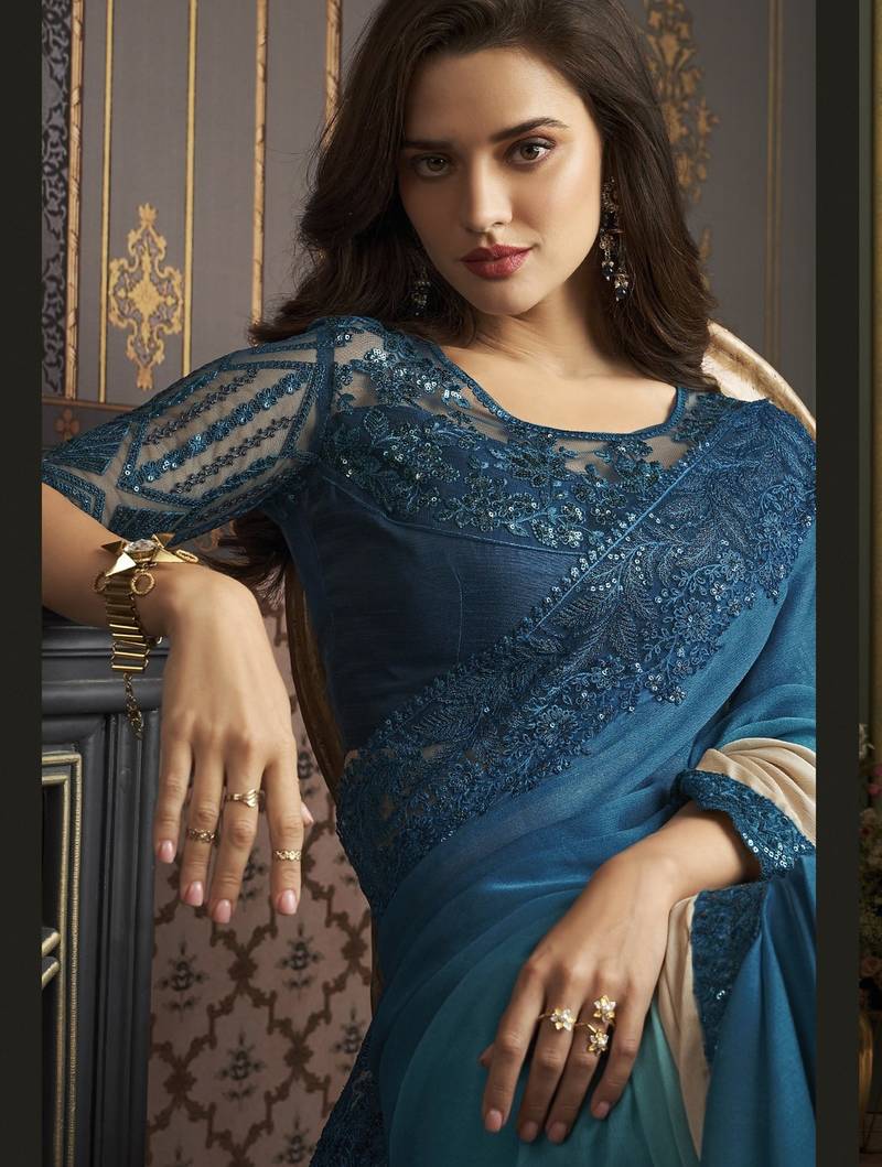 Blue embroidered silk shaded saree with banglori silk blouse