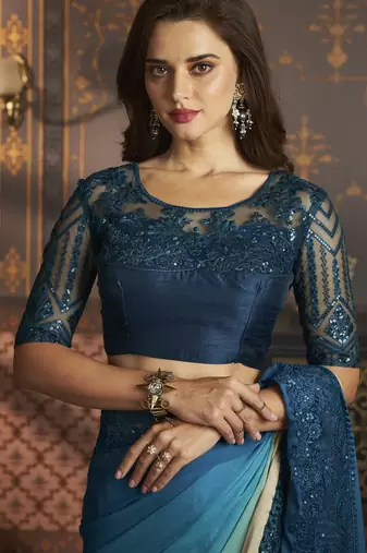 Blue embroidered silk shaded saree with banglori silk blouse