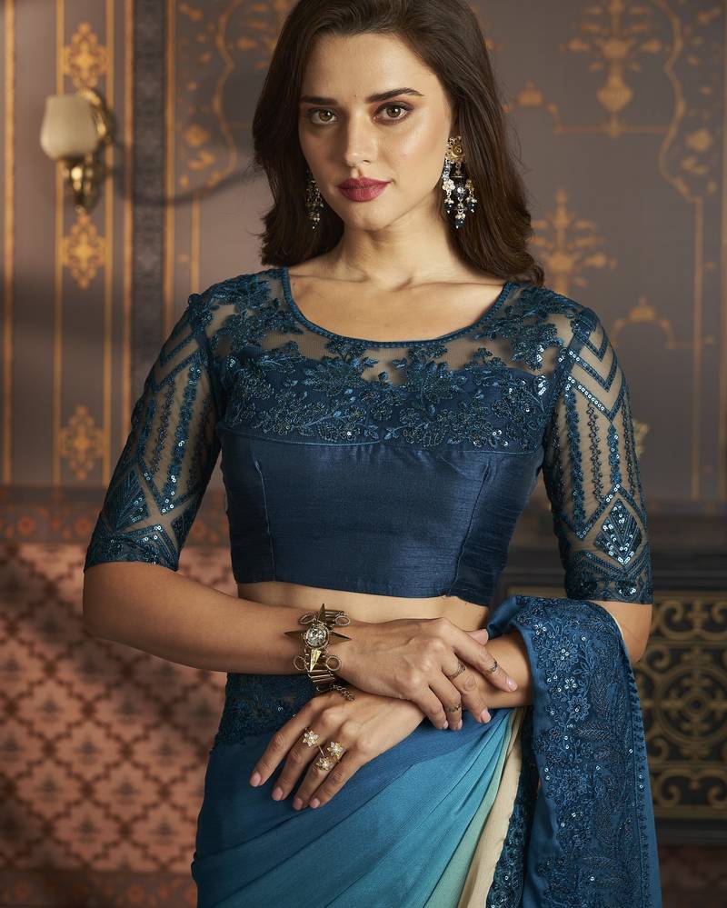 Blue embroidered silk shaded saree with banglori silk blouse
