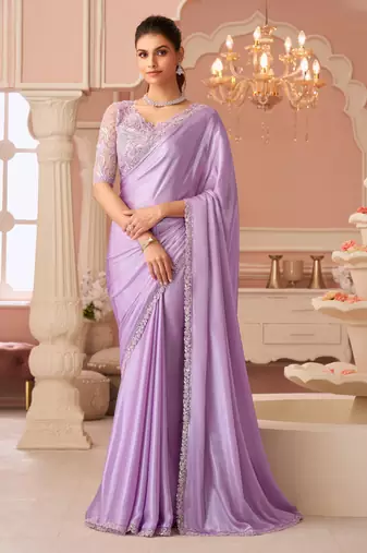 Lavender embroidered silk saree with banglori silk blouse