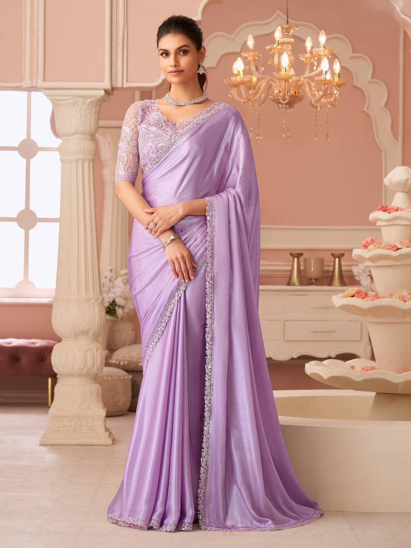 Lavender embroidered silk saree with banglori silk blouse