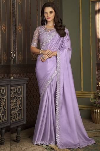Lavender embroidered silk saree with banglori silk blouse