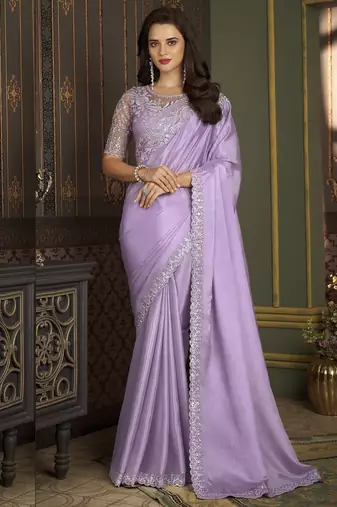 Lavender embroidered silk saree with banglori silk blouse