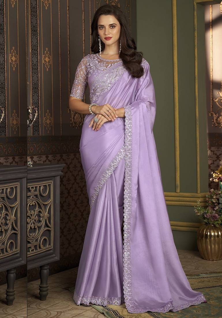 Lavender embroidered silk saree with banglori silk blouse