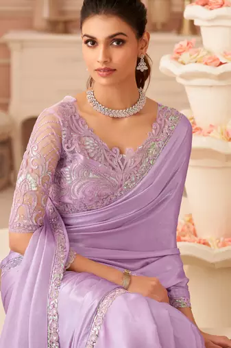 Lavender embroidered silk saree with banglori silk blouse