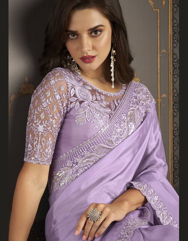 Lavender embroidered silk saree with banglori silk blouse