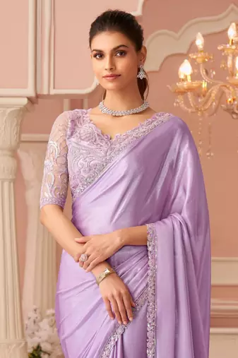 Lavender embroidered silk saree with banglori silk blouse