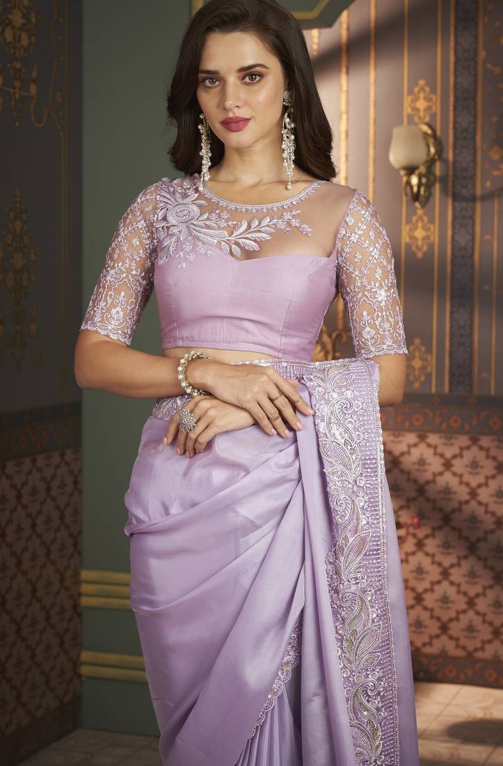 Lavender embroidered silk saree with banglori silk blouse