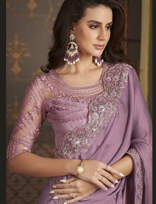 Dusty lavender fancy silk with designer work blouse for wedding party 2