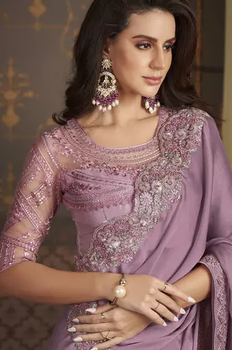 Dusty lavender fancy silk with designer work blouse for wedding party