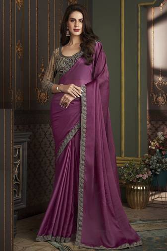 Dusty pink embroidered satin silk chiffon saree with banglori silk blouse