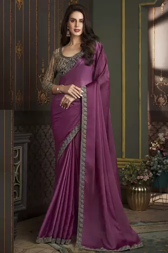 Dusty pink embroidered satin silk chiffon saree with banglori silk blouse