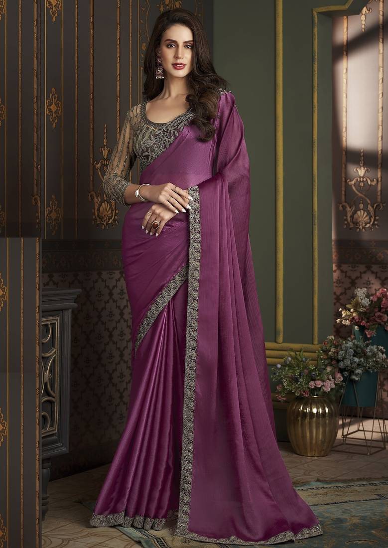 Dusty pink embroidered satin silk chiffon saree with banglori silk blouse