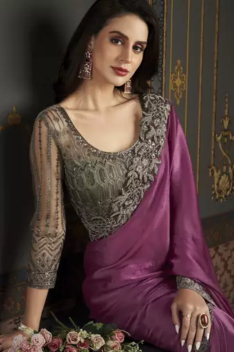 Dusty pink embroidered satin silk chiffon saree with banglori silk blouse