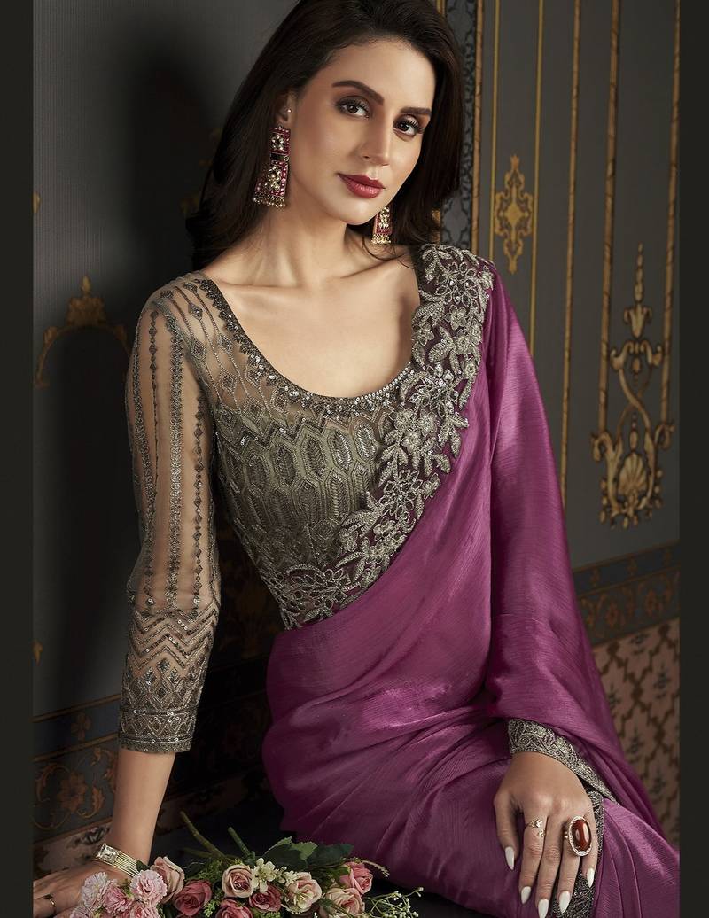 Dusty pink embroidered satin silk chiffon saree with banglori silk blouse