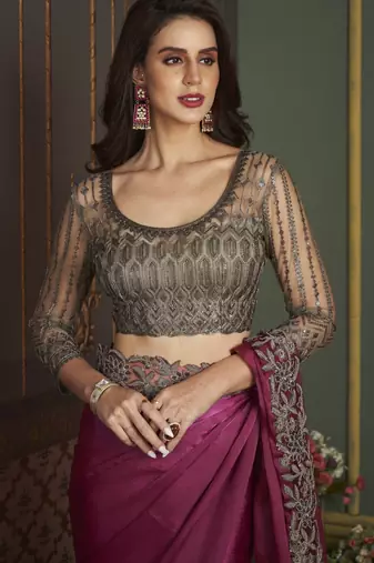 Dusty pink embroidered satin silk chiffon saree with banglori silk blouse