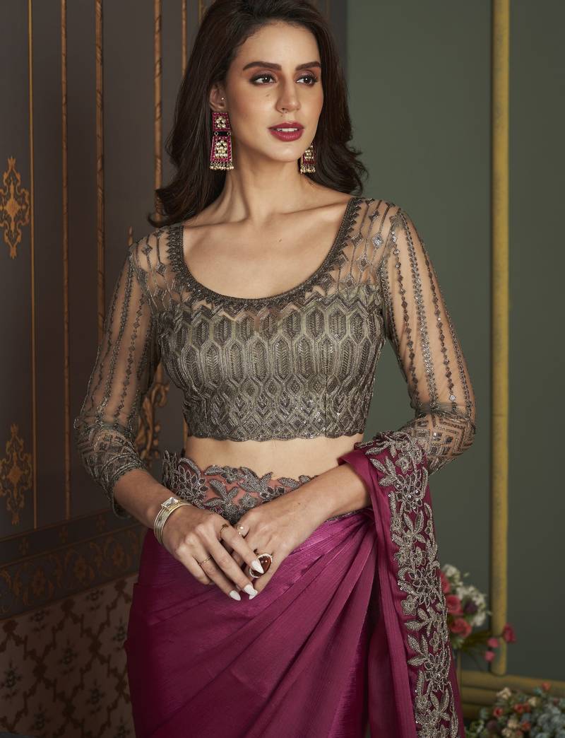 Dusty pink embroidered satin silk chiffon saree with banglori silk blouse