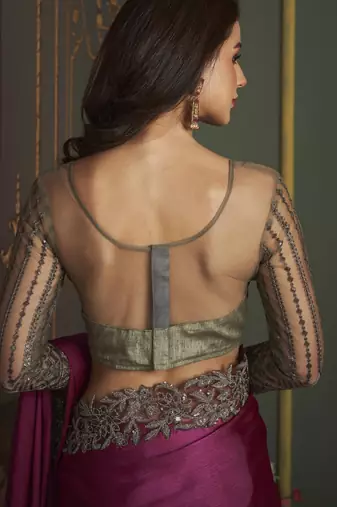 Dusty pink embroidered satin silk chiffon saree with banglori silk blouse