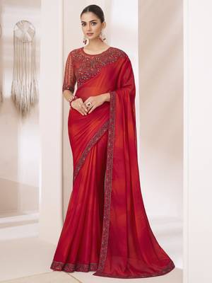 Red shaded satin silk chiffon saree with luxurious banglori silk blouse for weddings and festive occasions 1