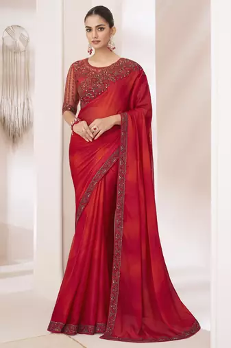 Red shaded satin silk chiffon saree with luxurious banglori silk blouse for weddings and festive occasions