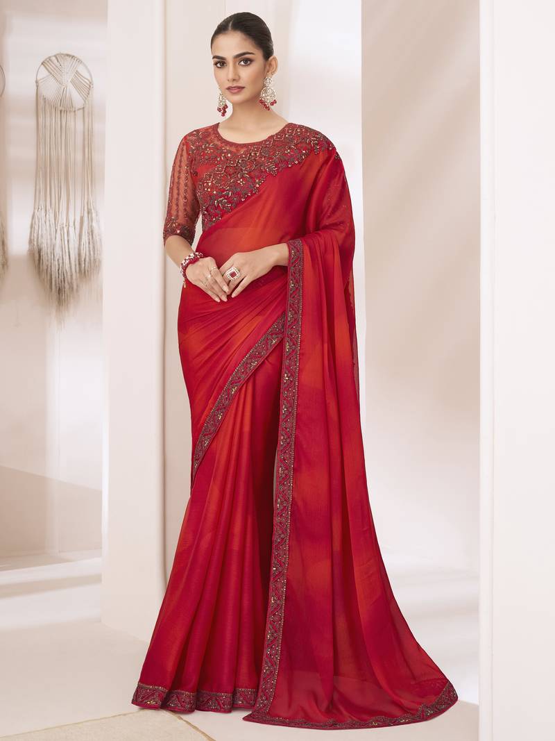 Red shaded satin silk chiffon saree with luxurious banglori silk blouse for weddings and festive occasions