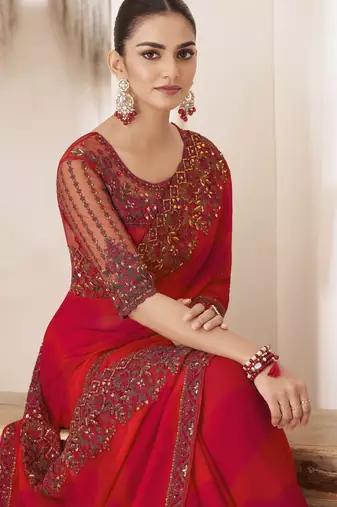Red shaded satin silk chiffon saree with luxurious banglori silk blouse for weddings and festive occasions