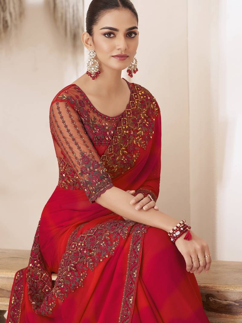 Red shaded satin silk chiffon saree with luxurious banglori silk blouse for weddings and festive occasions