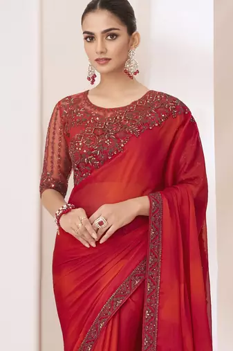 Red shaded satin silk chiffon saree with luxurious banglori silk blouse for weddings and festive occasions
