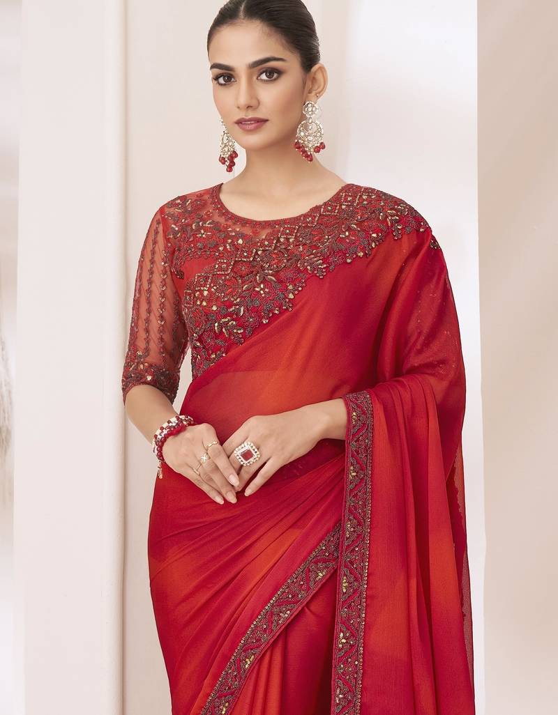 Red shaded satin silk chiffon saree with luxurious banglori silk blouse for weddings and festive occasions
