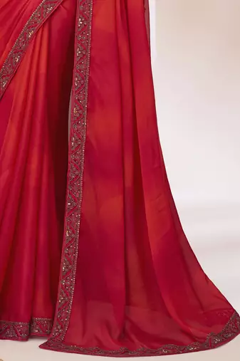 Red shaded satin silk chiffon saree with luxurious banglori silk blouse for weddings and festive occasions