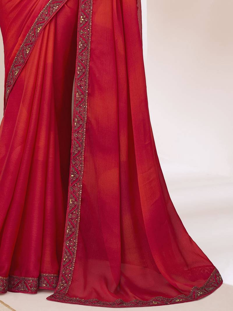 Red shaded satin silk chiffon saree with luxurious banglori silk blouse for weddings and festive occasions