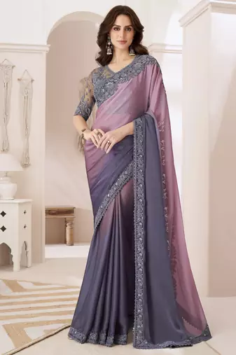 Lavender purple dual shaded chiffon saree with luxurious banglori silk blouse for weddings and festive occasions