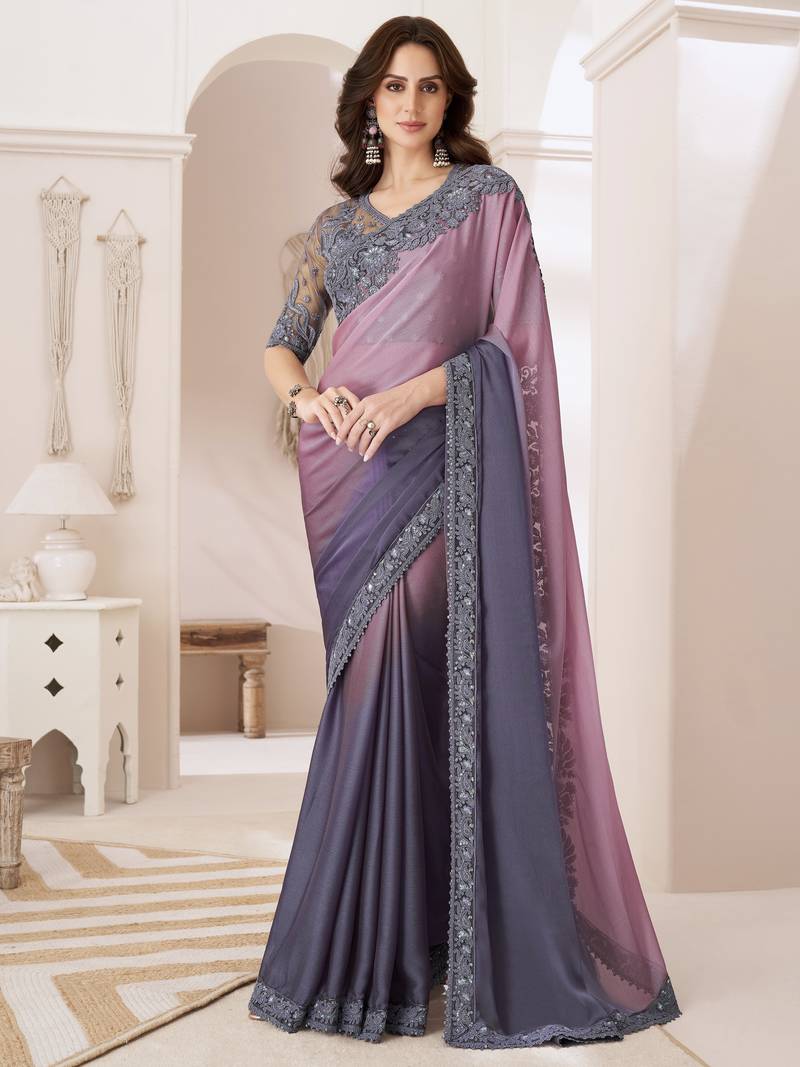 Lavender purple dual shaded chiffon saree with luxurious banglori silk blouse for weddings and festive occasions