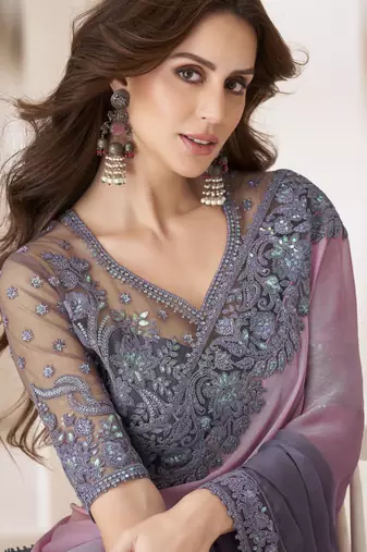 Lavender purple dual shaded chiffon saree with luxurious banglori silk blouse for weddings and festive occasions