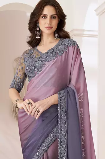Lavender purple dual shaded chiffon saree with luxurious banglori silk blouse for weddings and festive occasions