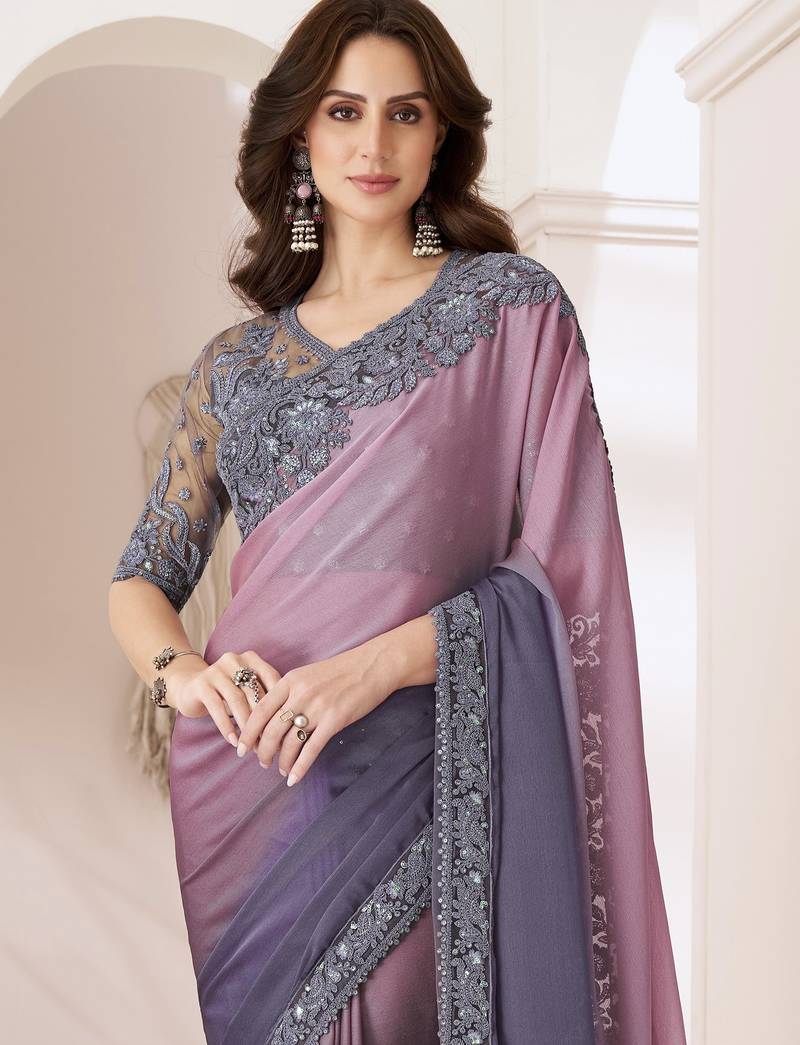 Lavender purple dual shaded chiffon saree with luxurious banglori silk blouse for weddings and festive occasions