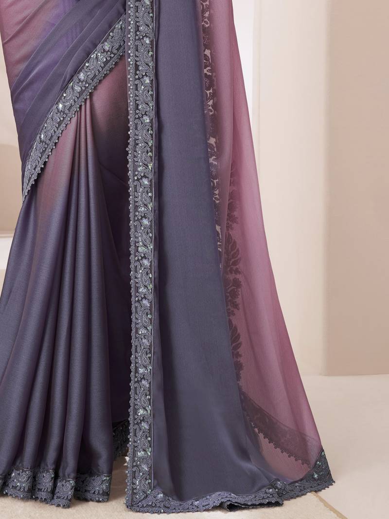 Lavender purple dual shaded chiffon saree with luxurious banglori silk blouse for weddings and festive occasions