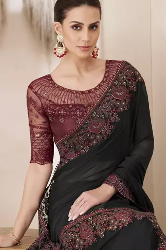 Black silk chiffon saree with luxurious banglori silk blouse for weddings and festive occasions