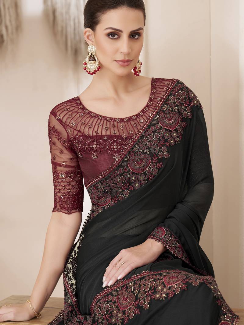 Black silk chiffon saree with luxurious banglori silk blouse for weddings and festive occasions