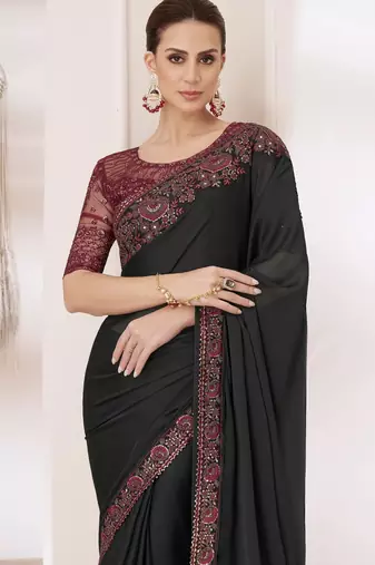 Black silk chiffon saree with luxurious banglori silk blouse for weddings and festive occasions
