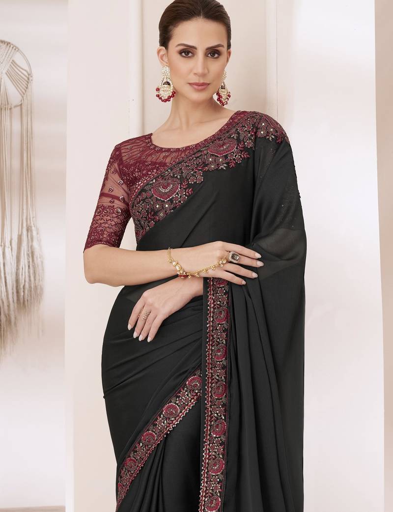 Black silk chiffon saree with luxurious banglori silk blouse for weddings and festive occasions