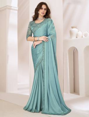 Sky blue satin georgette silk saree with luxurious banglori silk blouse for weddings and festive occasions 1