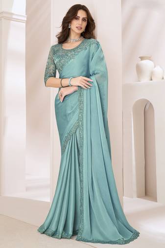 Sky blue satin georgette silk saree with luxurious banglori silk blouse for weddings and festive occasions