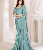 Sky blue satin georgette silk saree with luxurious banglori silk blouse for weddings and festive occasions