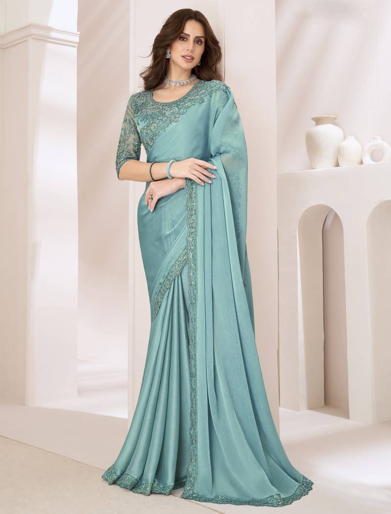Sky blue satin georgette silk saree with luxurious banglori silk blouse for weddings and festive occasions