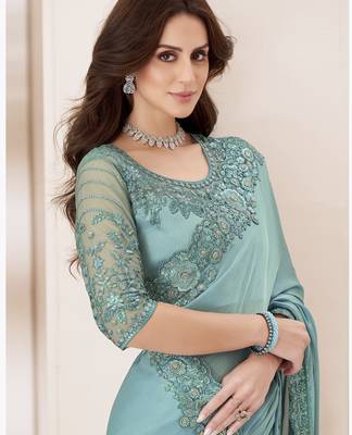 Sky blue satin georgette silk saree with luxurious banglori silk blouse for weddings and festive occasions 2