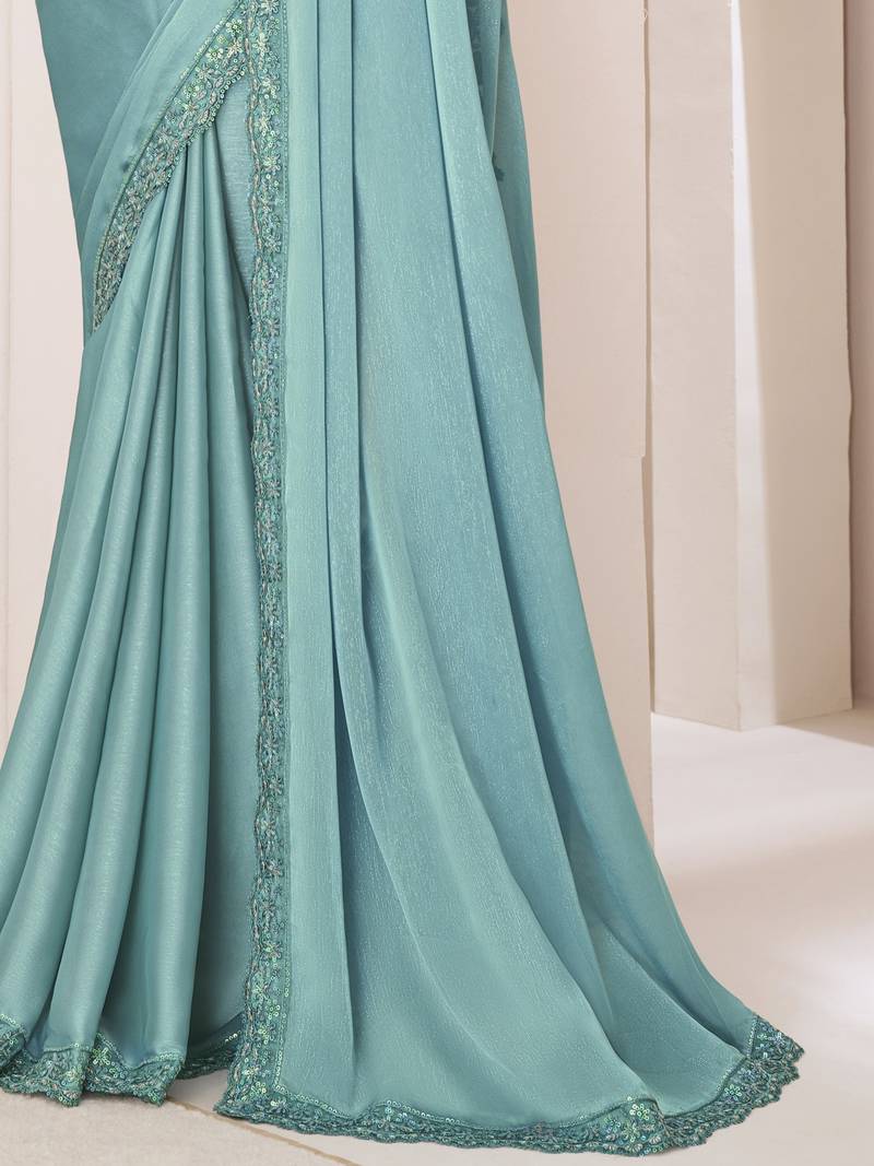 Sky blue satin georgette silk saree with luxurious banglori silk blouse for weddings and festive occasions