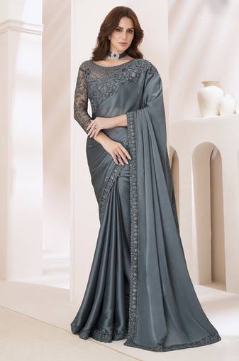 Grey satin georgette silk saree with luxurious banglori silk blouse for weddings and festive occasions