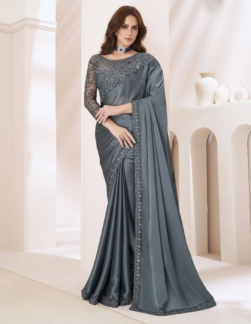 Grey satin georgette silk saree with luxurious banglori silk blouse for weddings and festive occasions